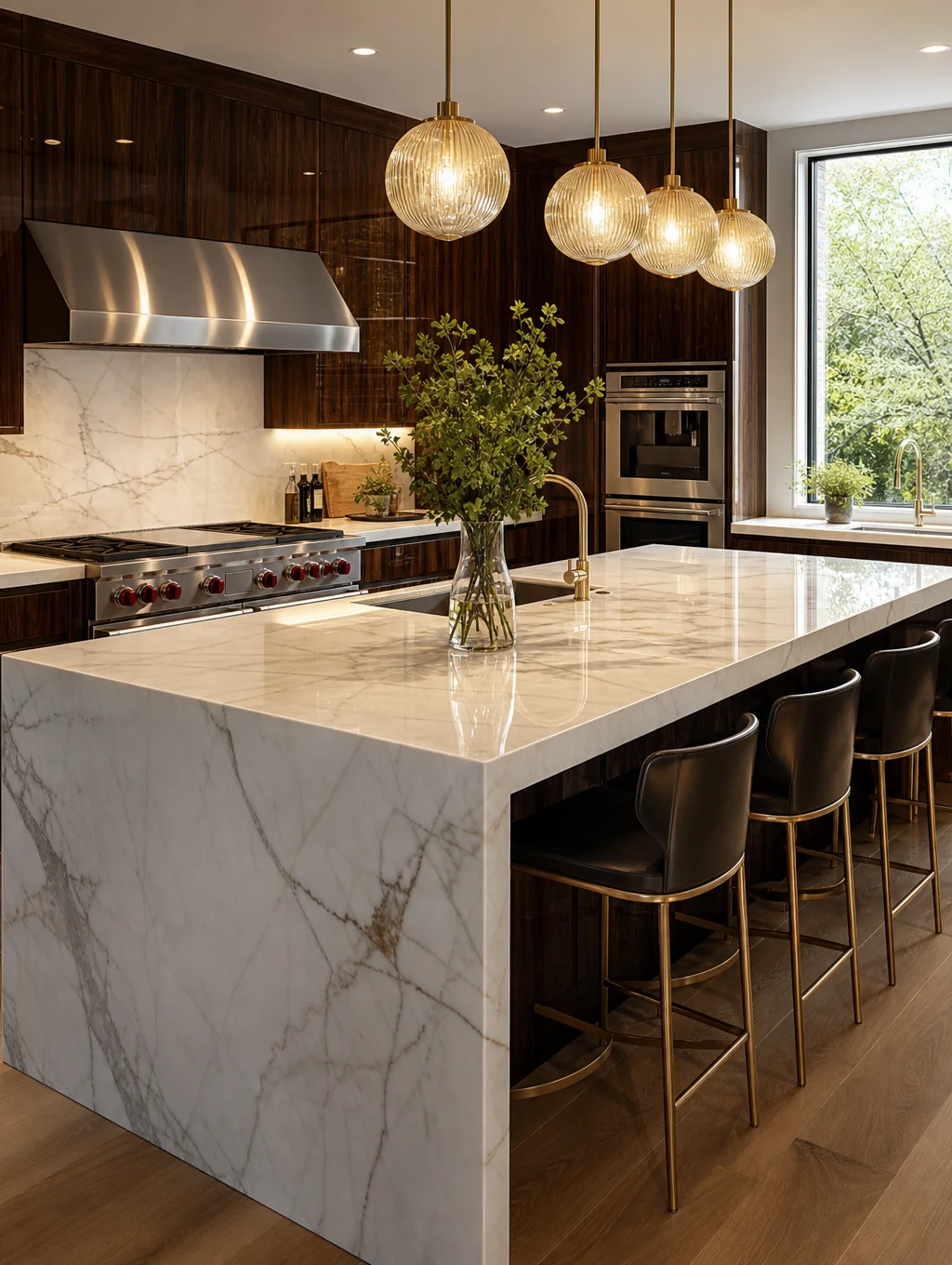 Spacious luxury kitchen with marble countertops