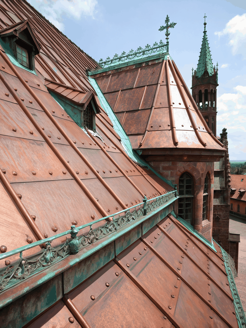 Patinated copper roof architectural detail