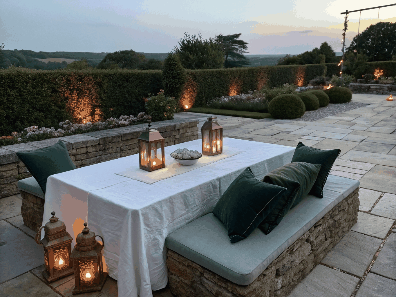 Expansive stone patio set for an evening of entertaining
