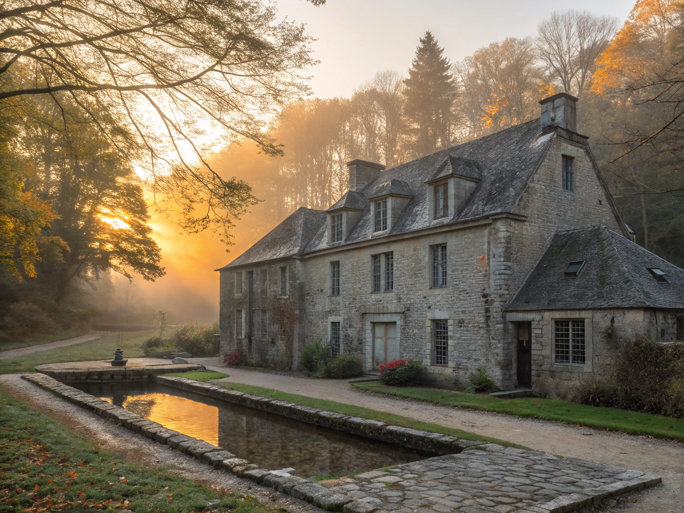 Sunlight hitting the manor exterior at dawn