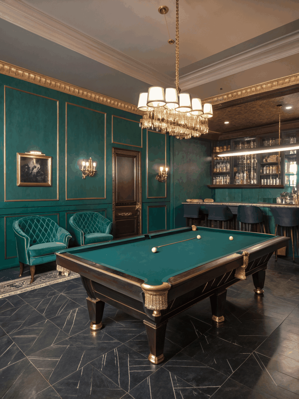 Elegant game lounge with billiards table