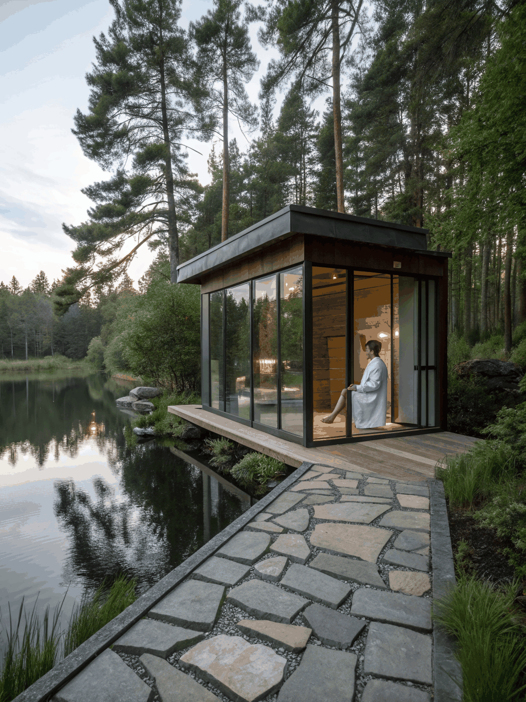 Open-air garden pavilion surrounded by greenery