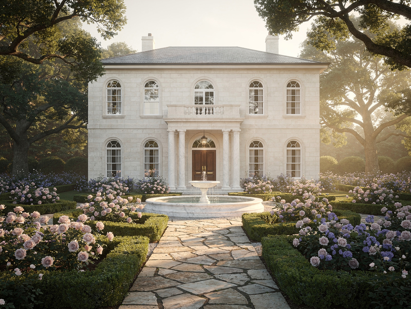 Grand manor house exterior at golden hour