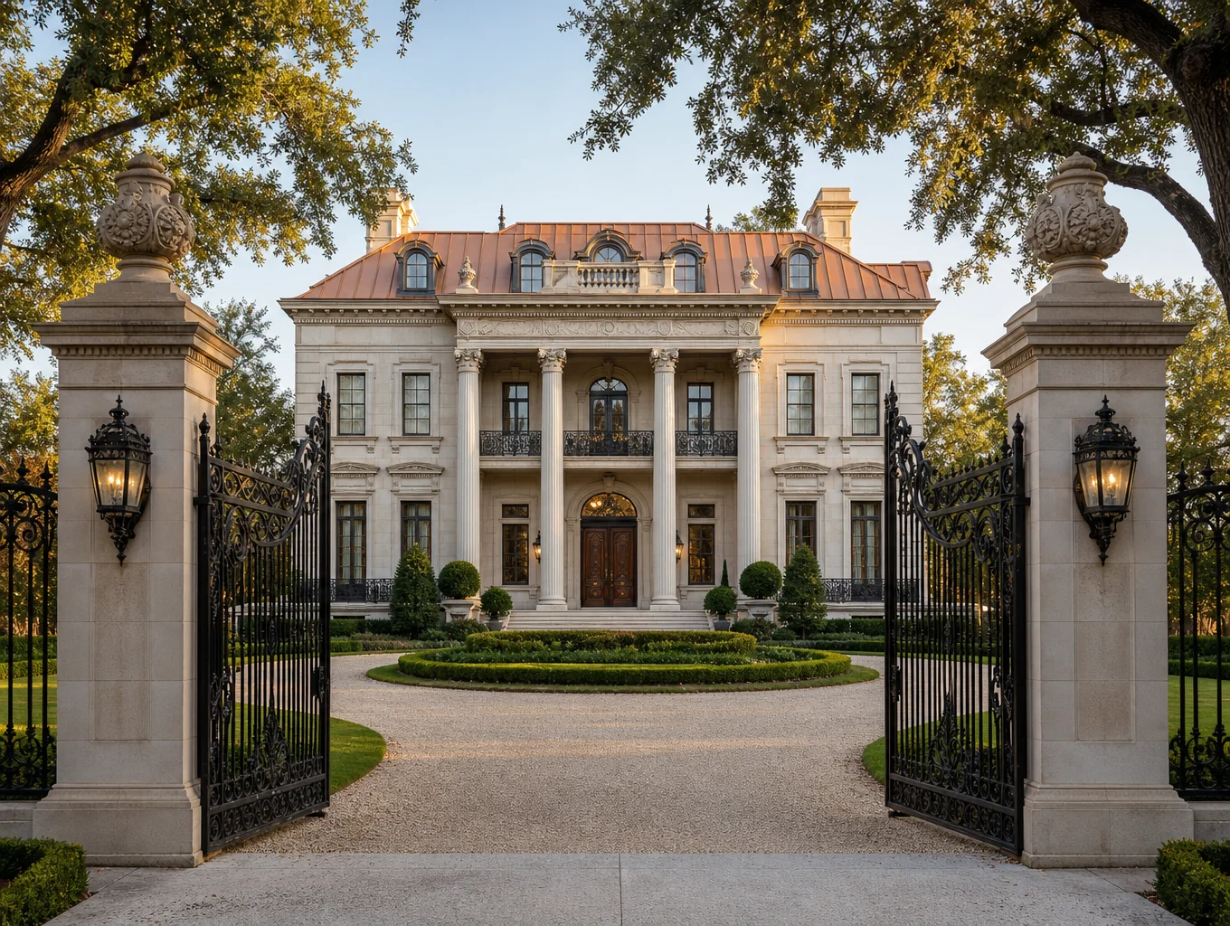 The grand manor facade bathed in warm golden hour light