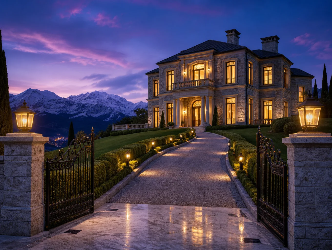 Grand manor facade bathed in golden hour light