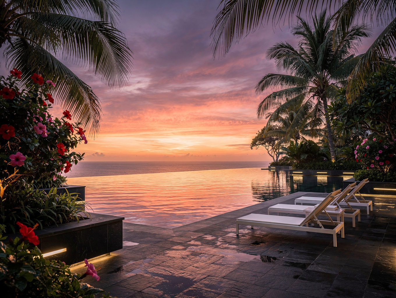 Serene pool area reflecting the golden hour sky