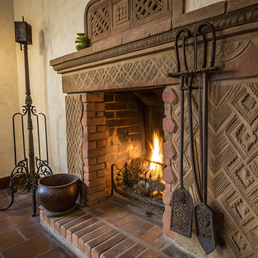 Hand-carved stone fireplace detail