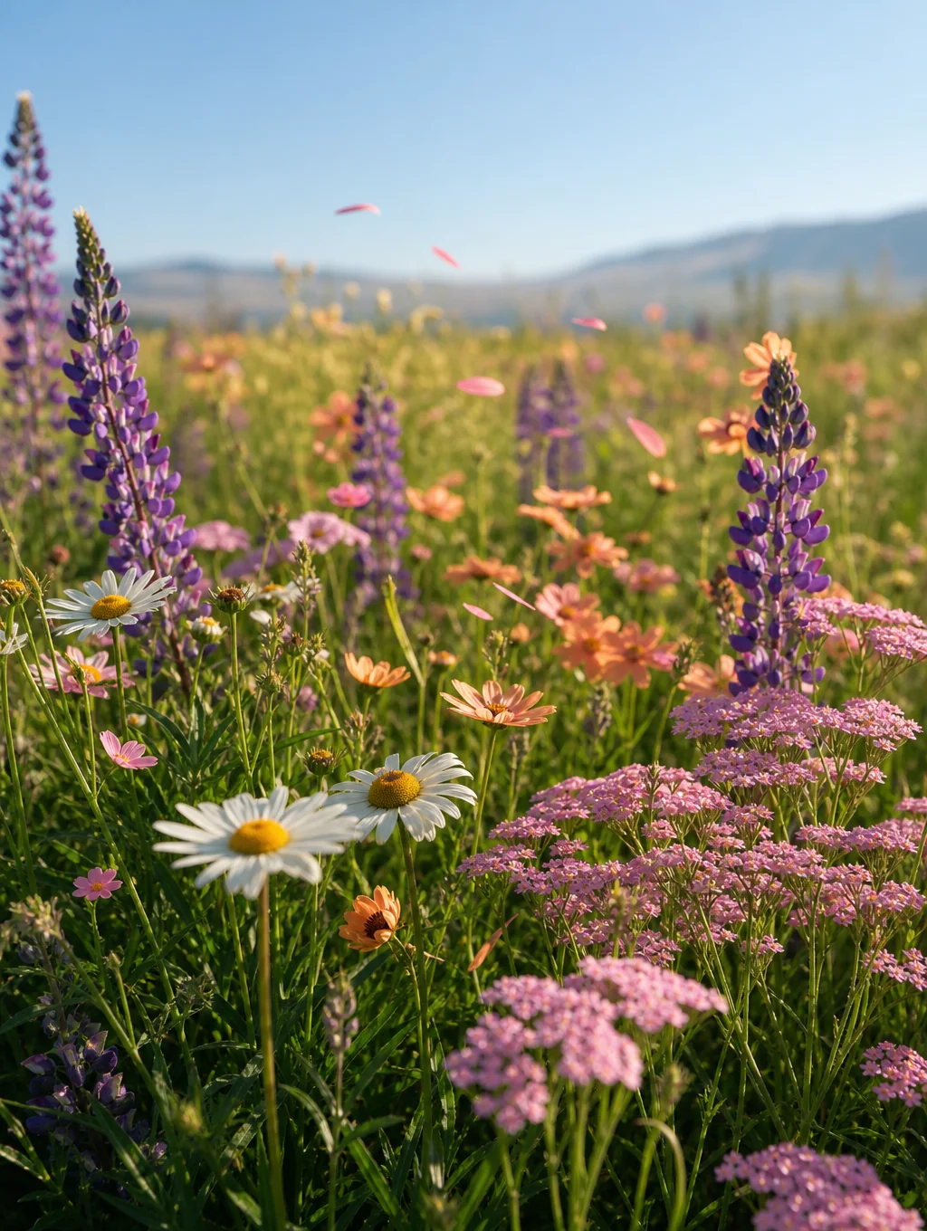 Close-up of sun-drenched meadow grass and wildflowers