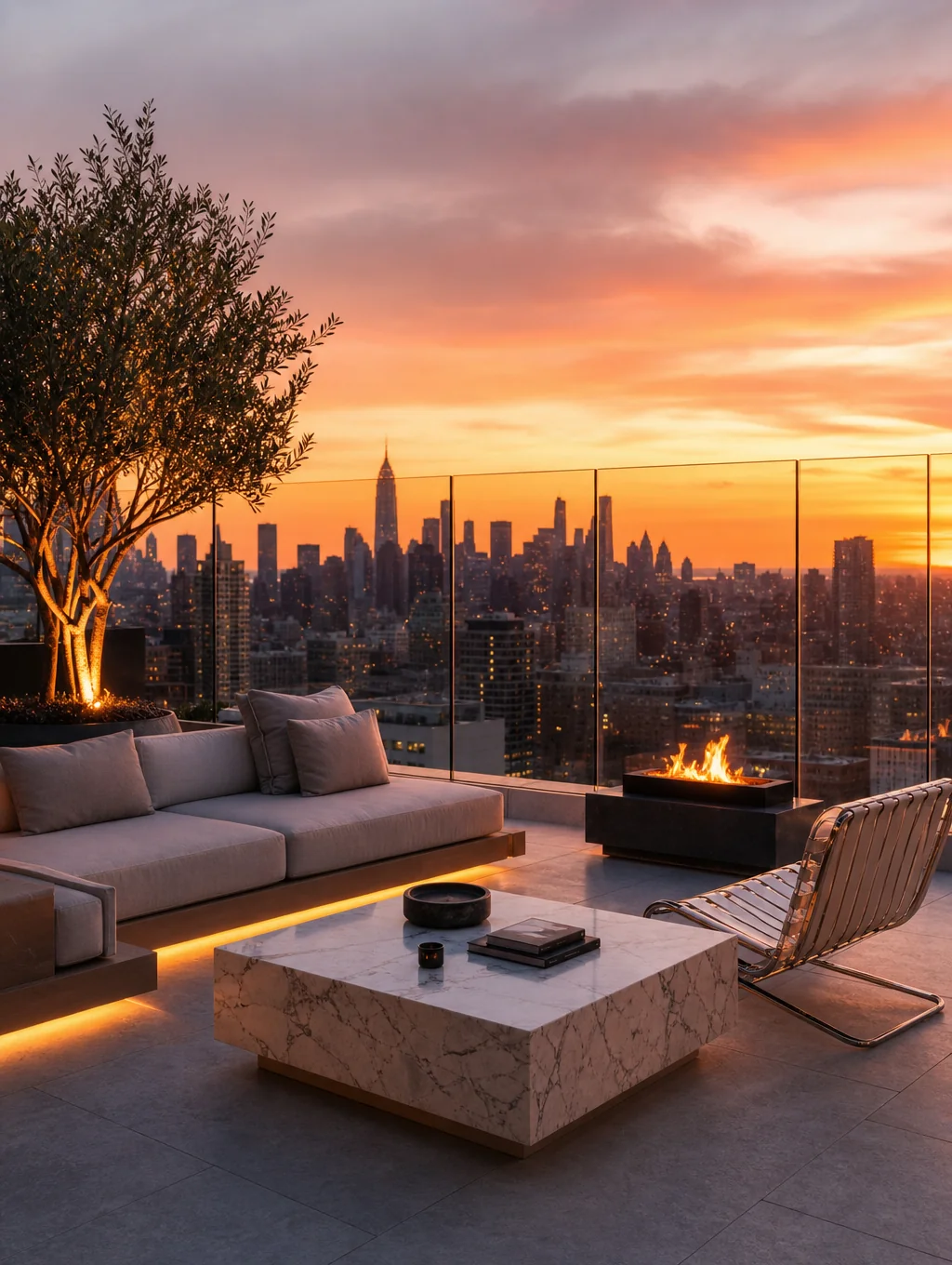 Outdoor terrace overlooking hills at golden hour