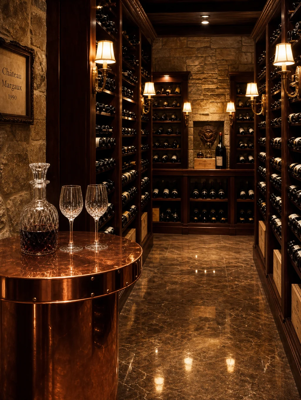 Private wine cellar with stone walls and racks